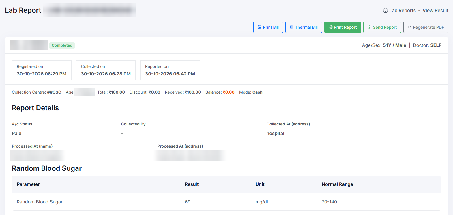 Lab report screen with sample times, payment details and result